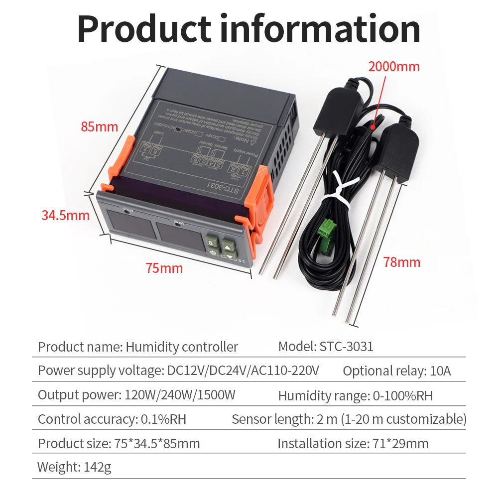 STC-3029/STC-3030/STC-3031 AC110-220V Dual Digital Humidity Control Hygrometer Incubator Controller Soil Moisture Detector